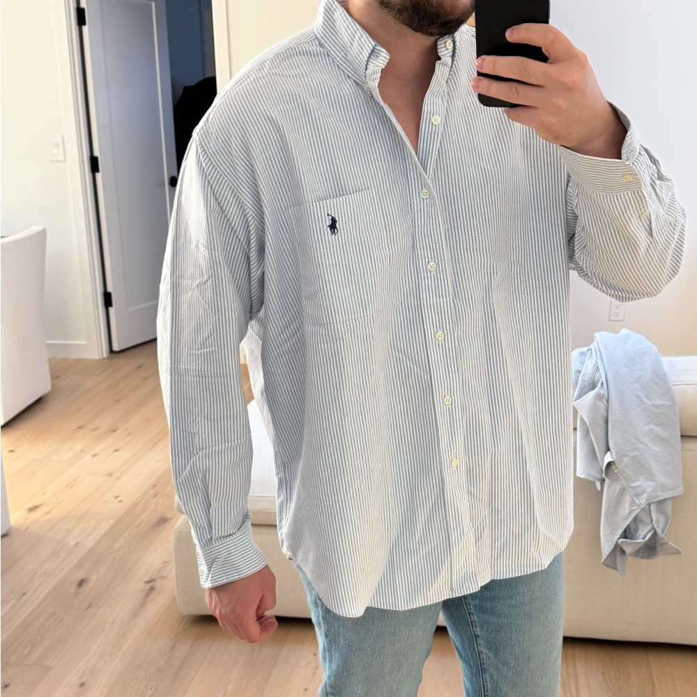 Ralph Lauren Men's White and Blue Striped Button Down Shirt